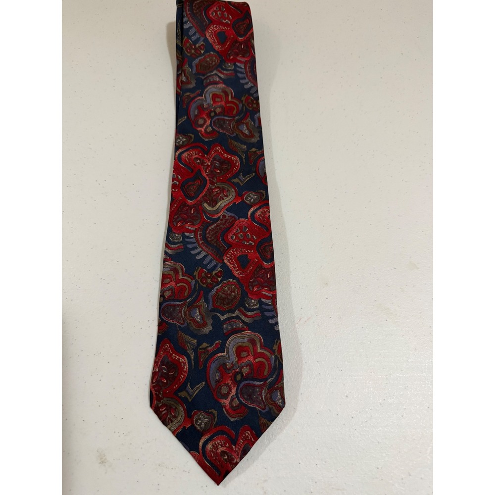 London Fog Mens Silk Tie Navy Red Abstract Paisley Floral Made in USA RN43170